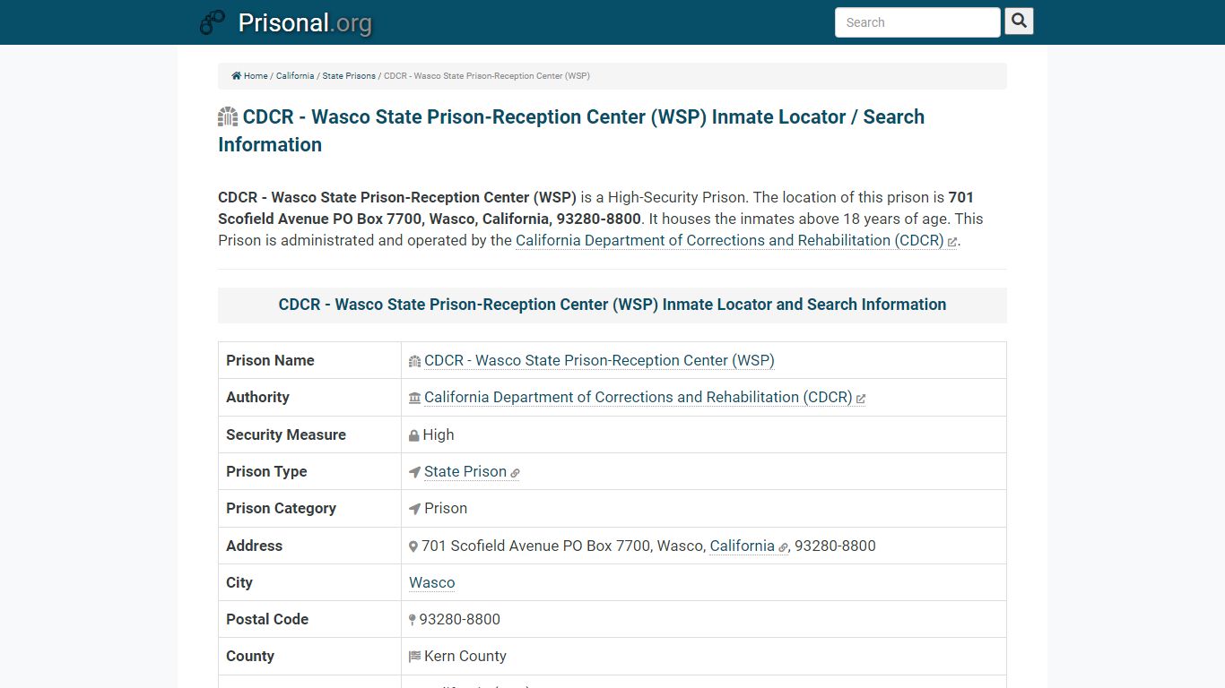 CDCR - Wasco State Prison-Reception Center (WSP)-Inmate ...